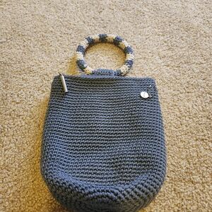 The Sak Navy Crocheted Tote with Striped Round Handle